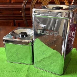 Vintage Retro ca 1950’s Lincoln Beautyware chrome canister set Sugar & tea
